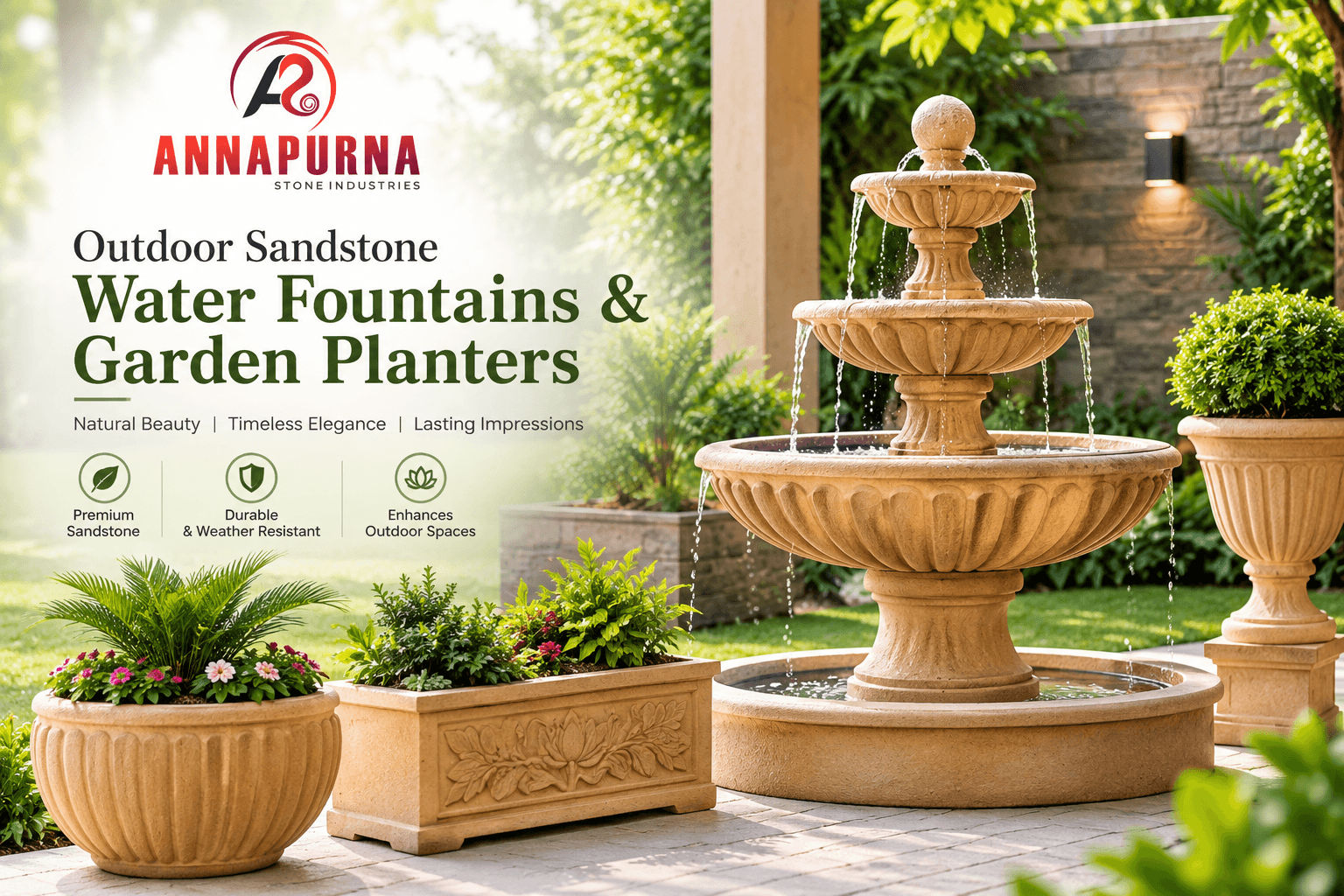 Outdoor Sandstone Water Fountains & Garden Planters