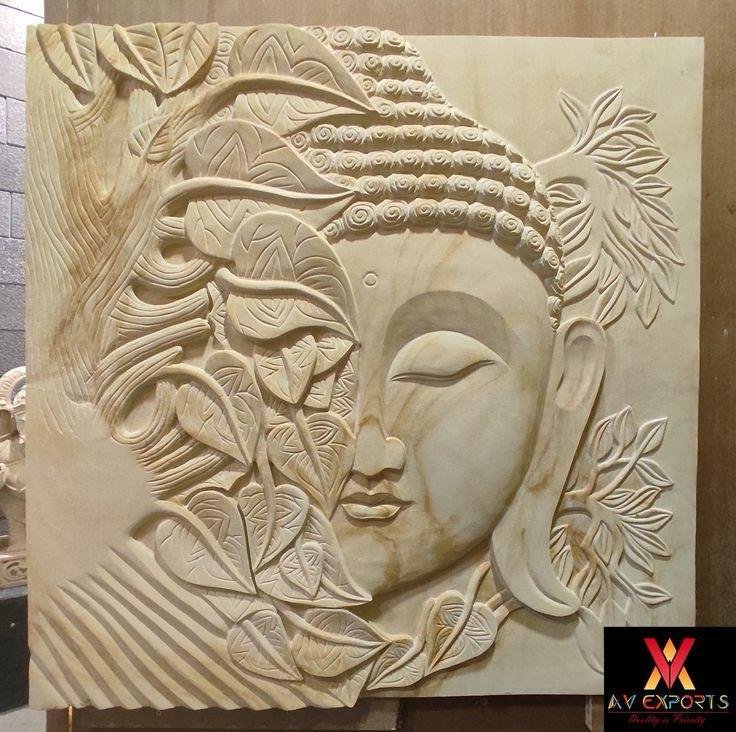 sandstone wall panel with artistic Buddha face carving for meditation and feature walls