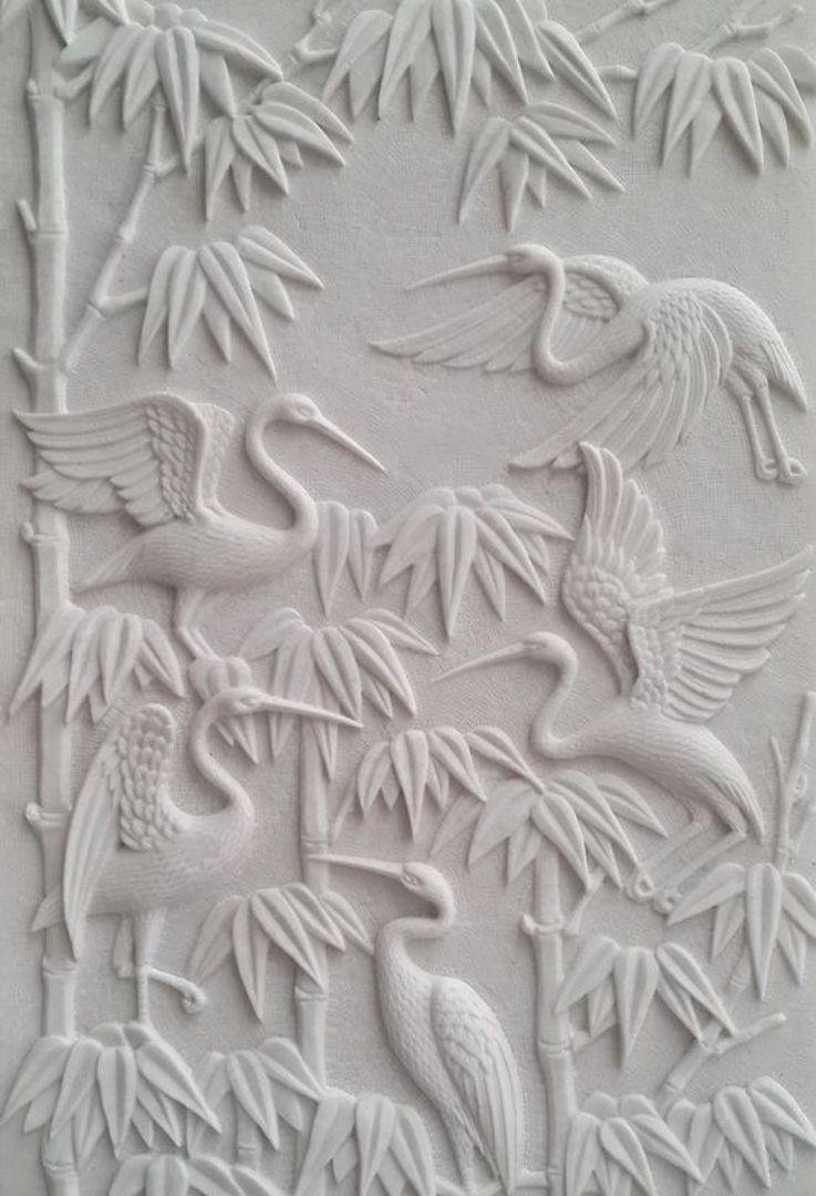 Sandstone wall panel with crane and bamboo carving for decorative feature walls