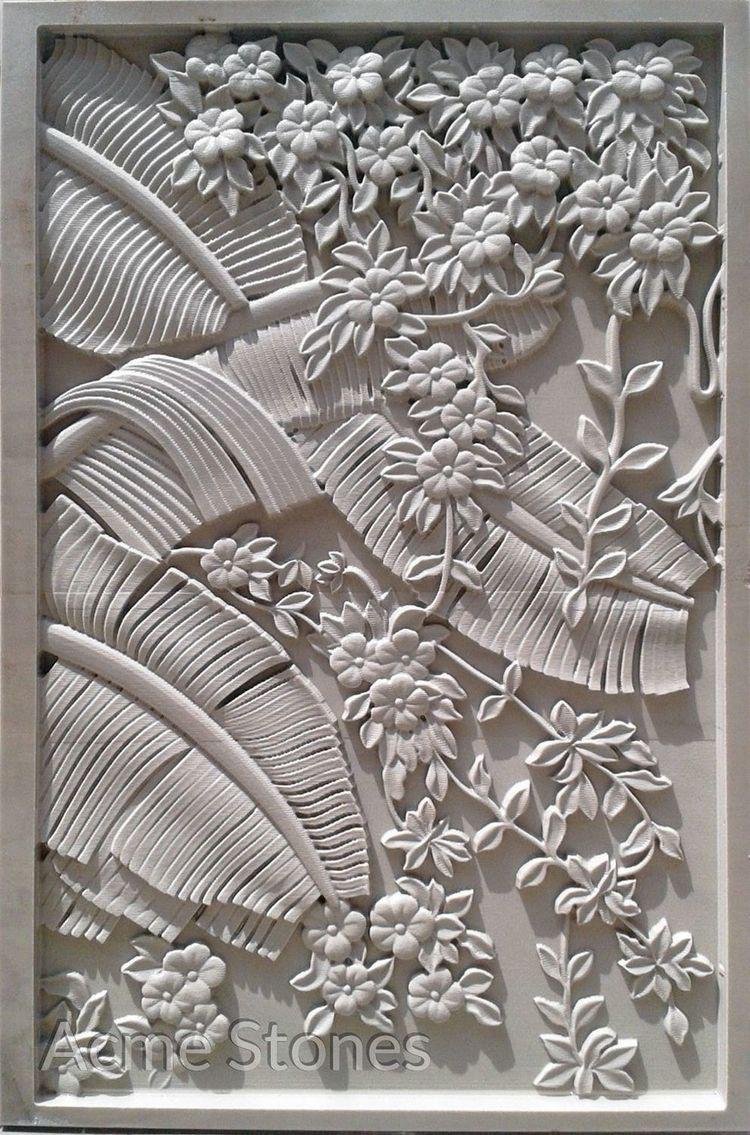 Sandstone wall panel with floral leaf carving for decorative feature walls