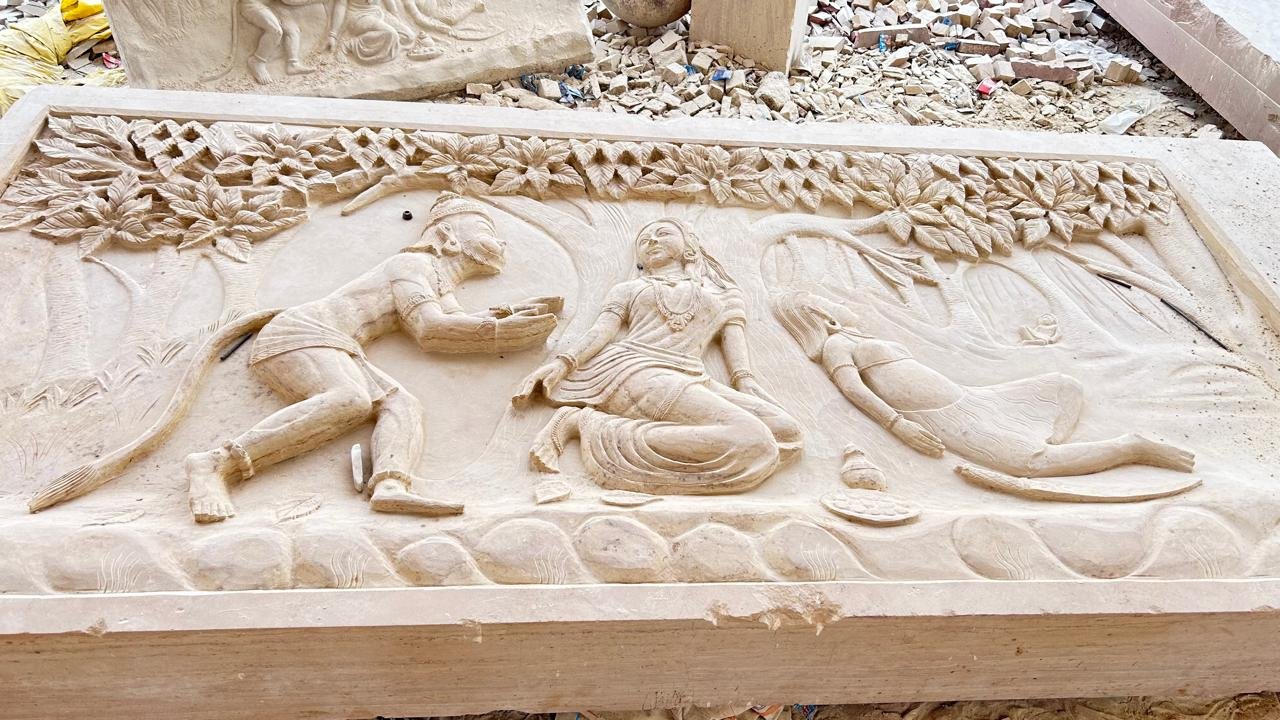 sandstone wall panel depicting Hanuman meeting Sita ji in Ashok Vatika marble carving