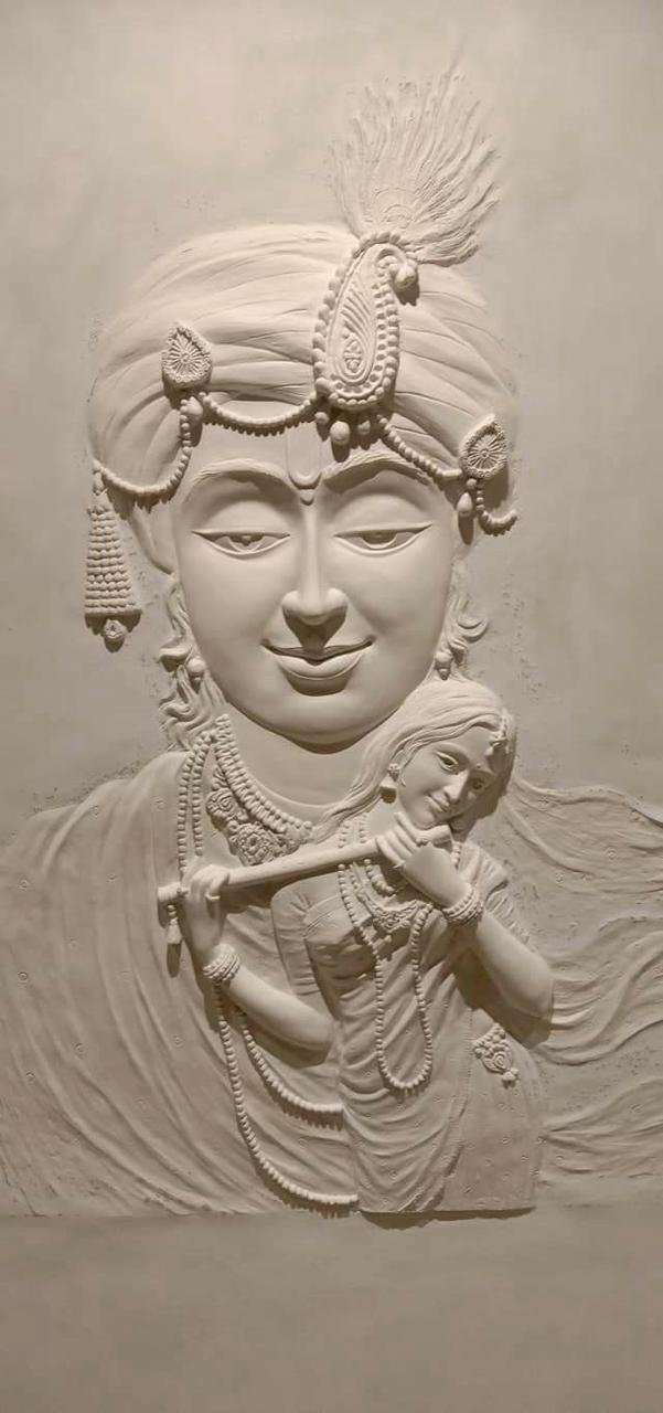 sandstone wall panel with Lord Krishna flute carving for temple and pooja room walls