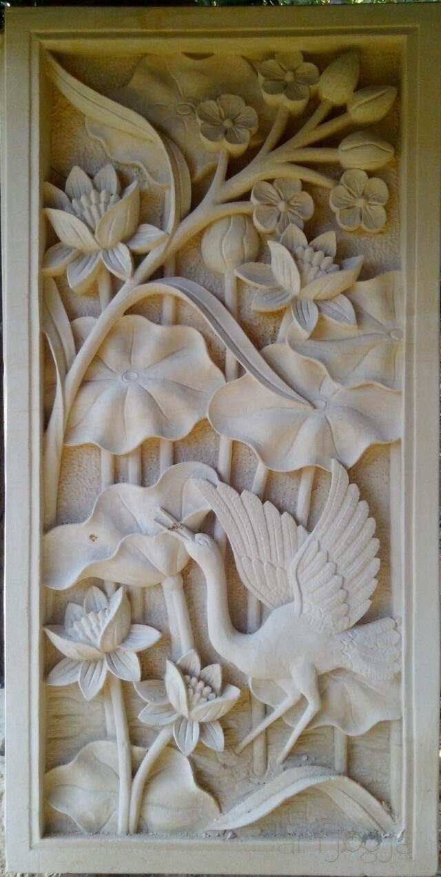 Sandstone wall panel with lotus and bird floral carving for decorative feature walls