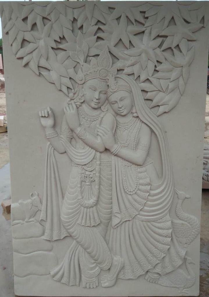 Sandstone wall panel with Radha Krishna carving for temple and pooja room walls