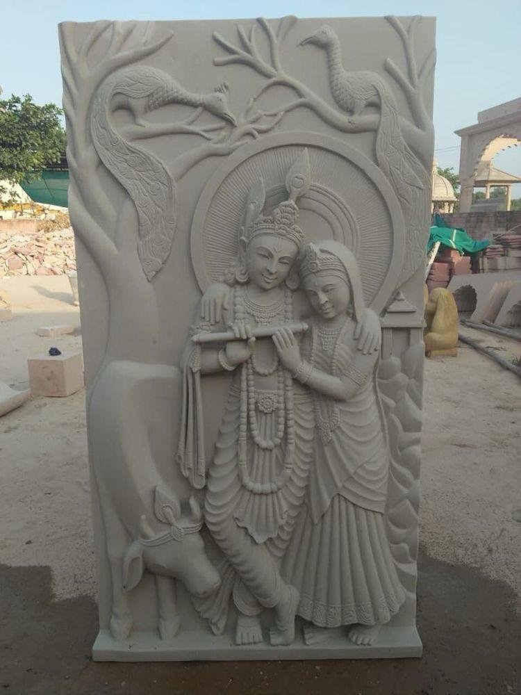 Sandstone wall panel with Radha Krishna temple carving for religious architecture