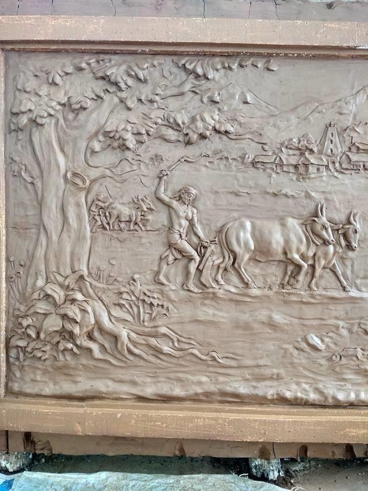 sandstone wall panel with rural village life sandstone carving for decorative feature walls