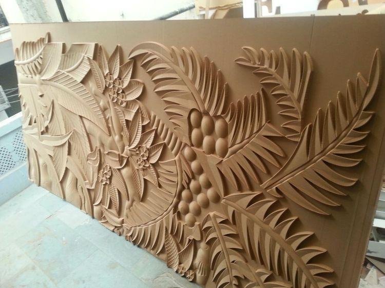 Sandstone wall panel with tropical leaf and fruit carving for decorative feature walls