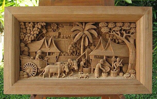 Hand carved village scene sandstone wall panel mural for traditional interior decoration